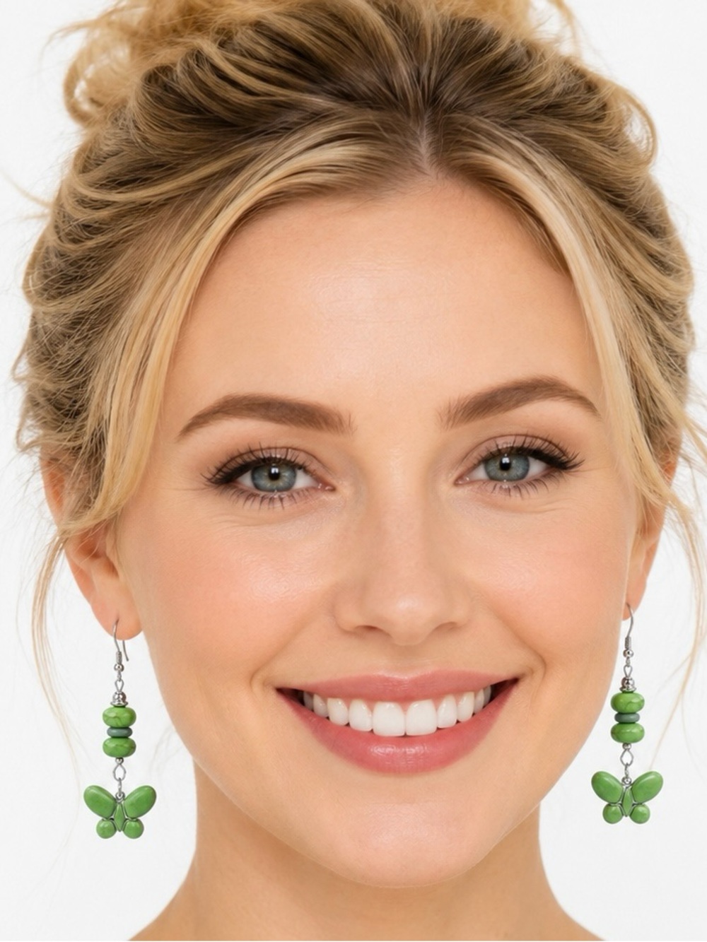 Butterfly Charm Green Stone Beaded Earrings